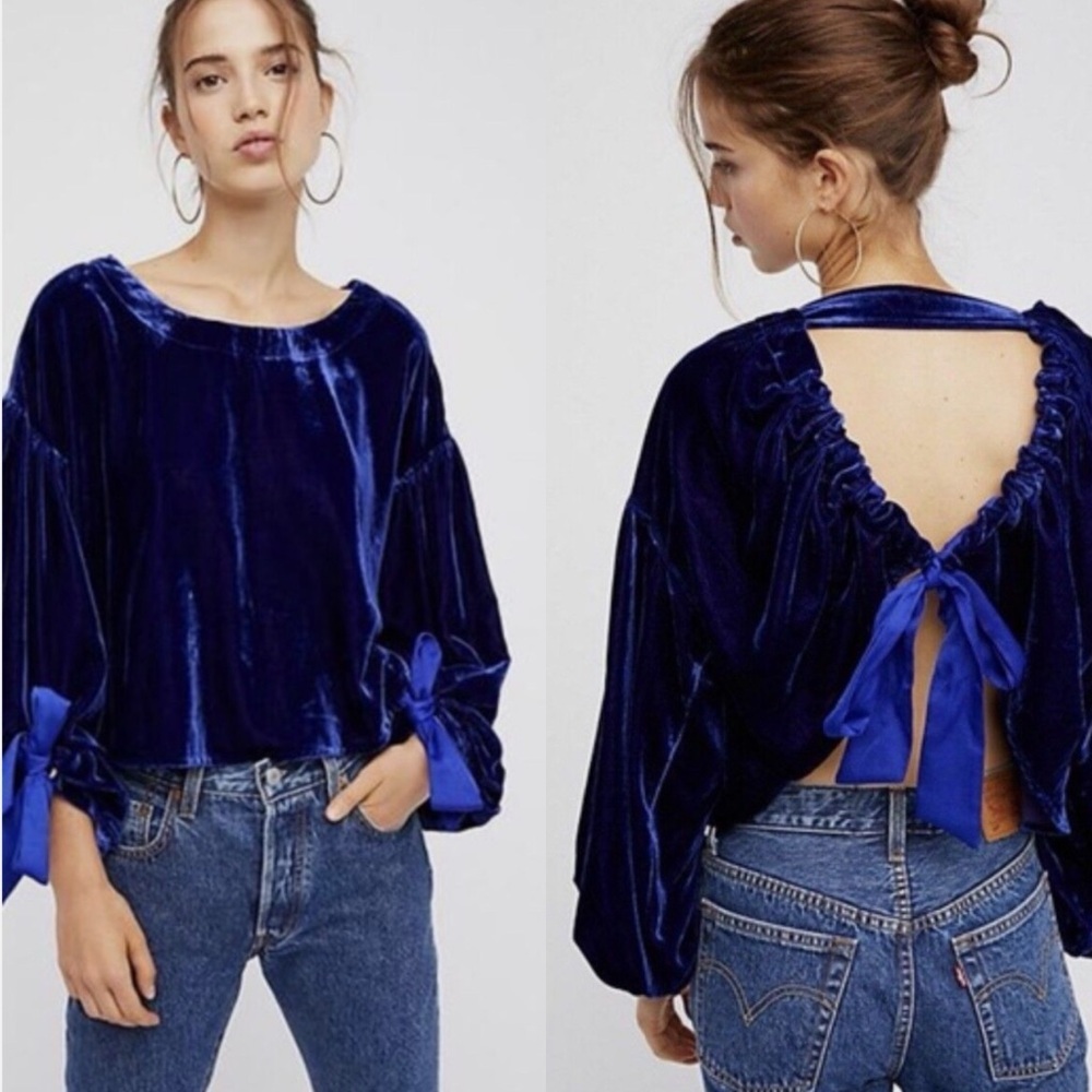 Free People / Gimme Some Lovin Top Velvet Navy blue Backless Drawstring Bow